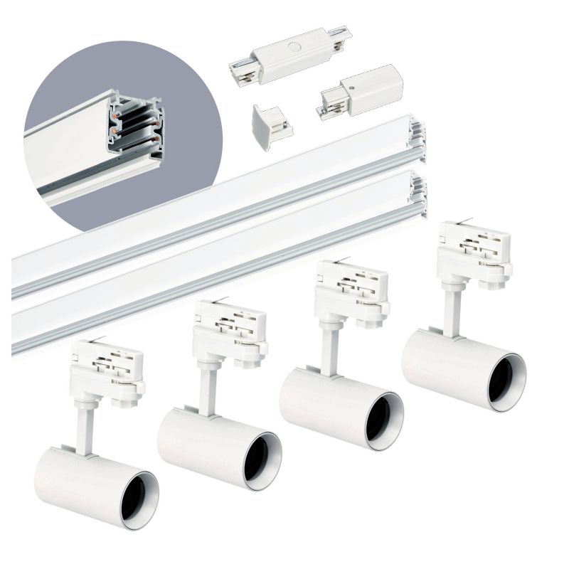 Oświetlenie szynowe 3-fazowe Kobi szyna 1m+1m, 4x Lampa, łącznik prosty biały 1kpl.