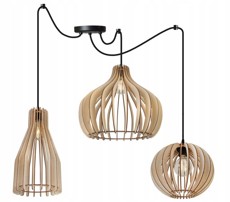 Lampa sufitowa wisząca Light Home LH Spider Timber Drewno 3x E27 60W klosz mix 1 czarny/naturalny 1szt.