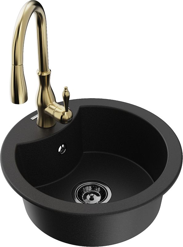 Zlewozmywak granitowy Mexen Diego 1-komorowy z baterią kuchenną Savita czarny 6512-77-672601-50-B