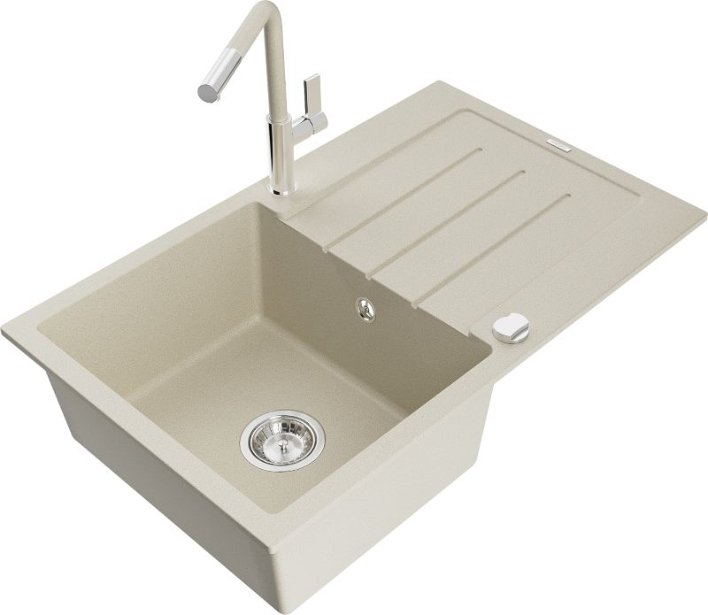 Zlewozmywak granitowy Mexen Bruno 1-komorowy z ociekaczem i baterią kuchenną Flora beżowy - 6513-69-670401-57-B 1 szt.