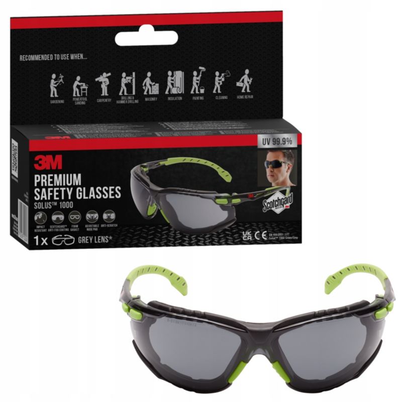 Okulary ochronne 3M Solus 1000 zielono-czarne powłoka Scotchgard Protector uszczelka piankowa szare soczewki 1 szt.
