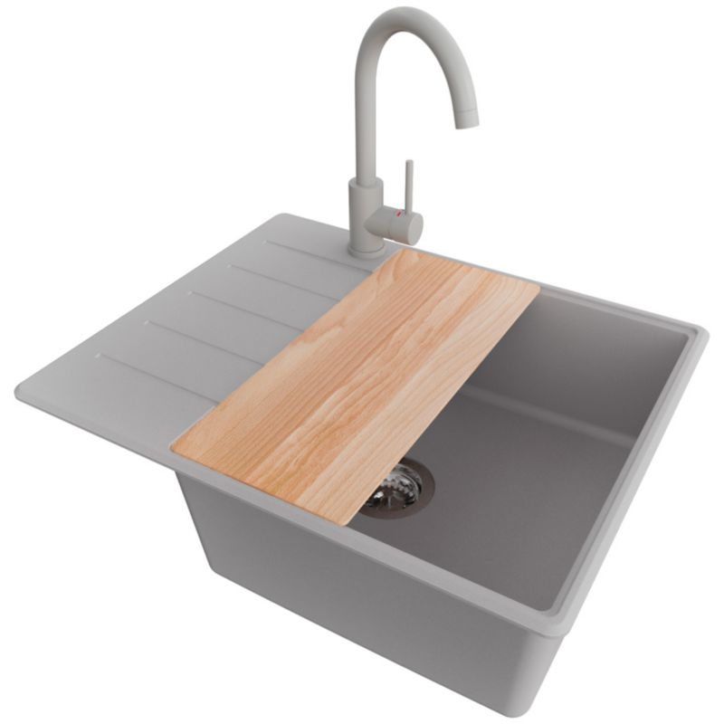 Zlewozmywak Granitowy Kopenhaga PRIMAGRAN Nablatowy 62x50cm do szafki od 50cm, Szary + Bateria + Syfon + Deska, S447, 1 szt.