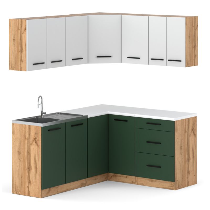 Zestaw Kuchenny Hurtownia-Mebli Z Blatem Kuchnia narożna Diana 320cm Dąb Wotan Biały Mat/Butelkowa Zieleń 320x47x145 cm 1szt.