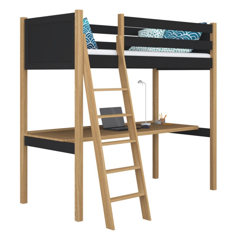 Drewniane łóżko N-WOOD na antresoli z biurkiem N04 czarno dębowy 120x190 1szt.