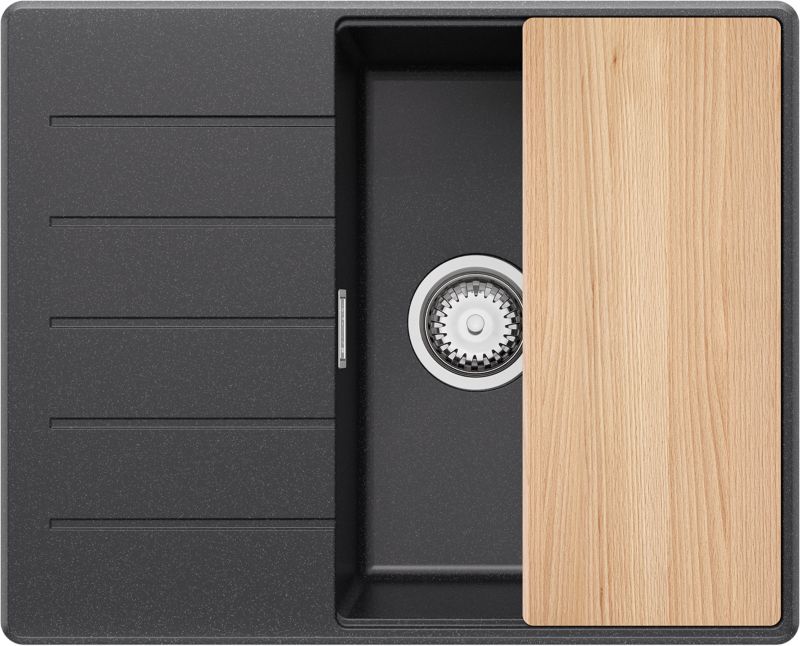 Zlewozmywak Kopenhaga PRIMAGRAN Nablatowy 62x50cm do szafki od 45cm, Grafitowy + Syfon + Deska, S247, 1 szt.