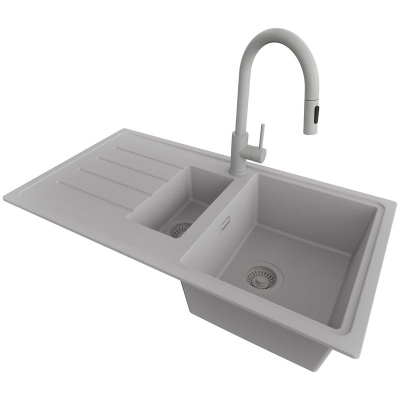 Zlewozmywak Granitowy Kopenhaga Duo PRIMAGRAN Nablatowy 90x50cm do szafki od 60cm, Szary + Bateria 40x20cm + Syfon, S024, 1 szt.