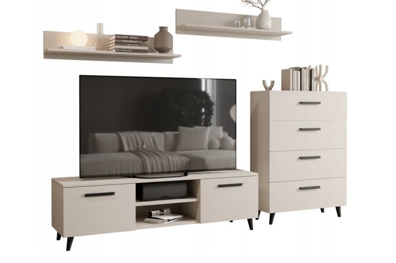 Zestaw mebli do salonu Kobi FREYA komoda, szafka RTV, półki, styl skandynawski, nogi drewniane - Kaszmir 1 szt.