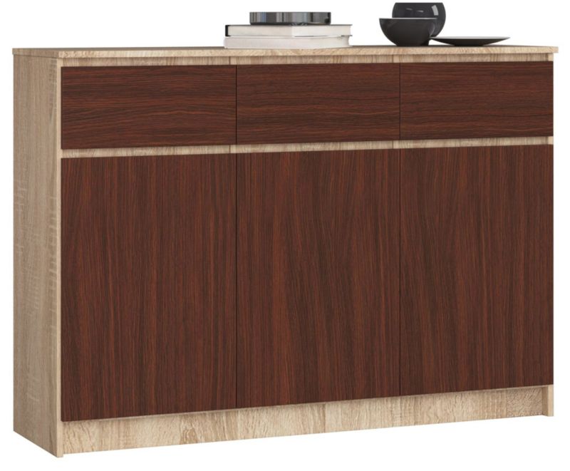 Komoda Akord K140 Dąb Sonoma 138 cm 3 drzwi 3 szuflady kolor Wenge mat 6 półek 138x40x99 cm 1 szt.