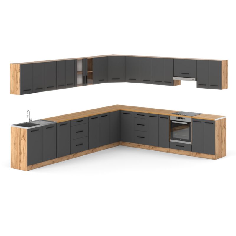Zestaw Kuchenny Hurtownia-Mebli Z Blatem Kuchnia narożna Rossa 680cm Dąb Wotan Szary Mat 680x47x145 cm 1szt.