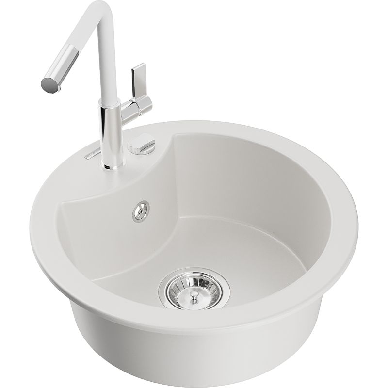 Zlewozmywak granitowy 1-komorowy Mexen Diego z baterią kuchenną Flora biały 6512-20-670401-02