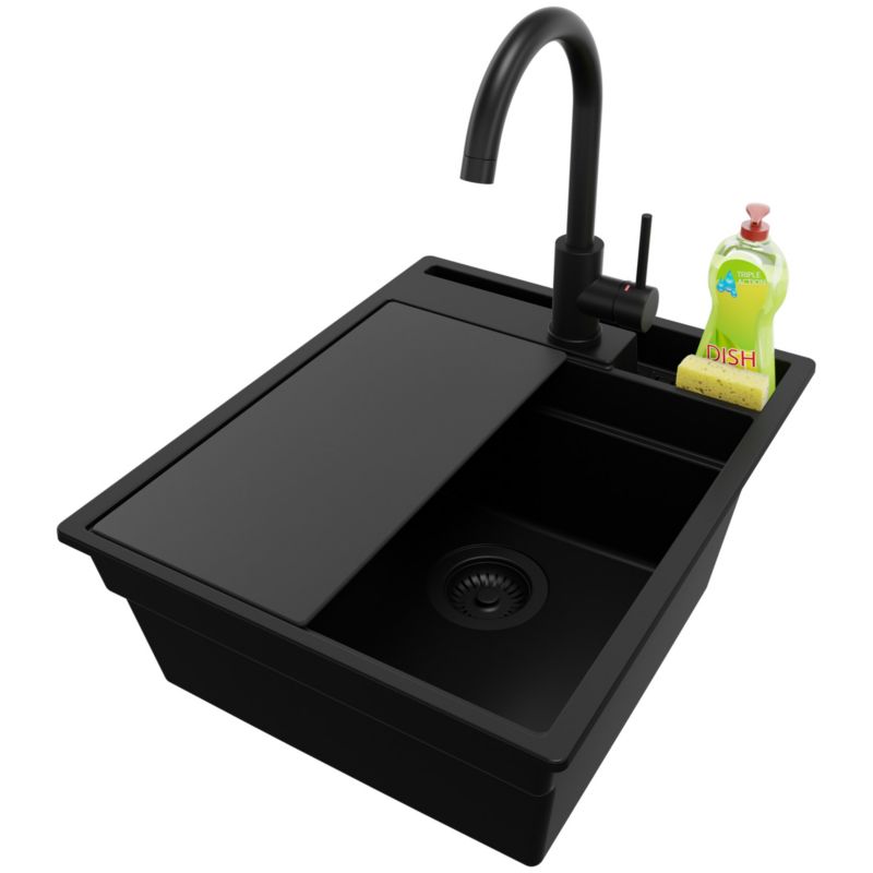 Zlewozmywak Granitowy Oslo Pocket PRIMAGRAN Nablatowy 43x53cm do szafki od 45cm z Syfonem i Baterią i Dodatkiem Cały Czarny 1 szt.