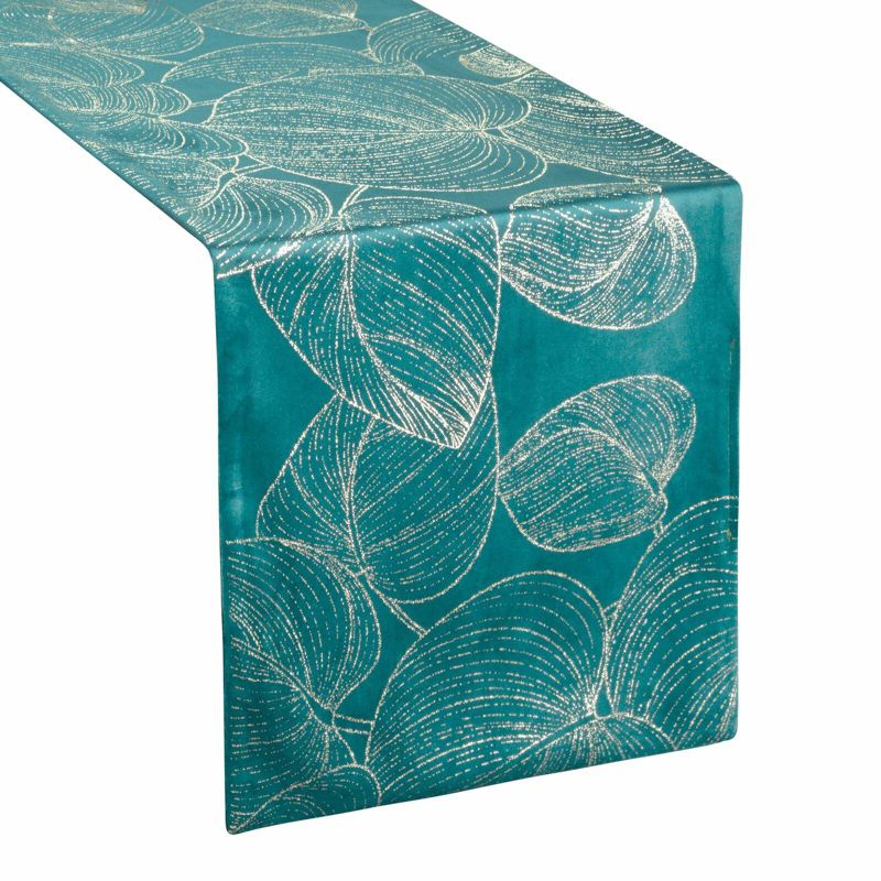 Bieżnik BLINK 16 Eurofirany 35 x 180 cm turkusowo, złoty welwetowy z dużym wzorem liści 1 szt.