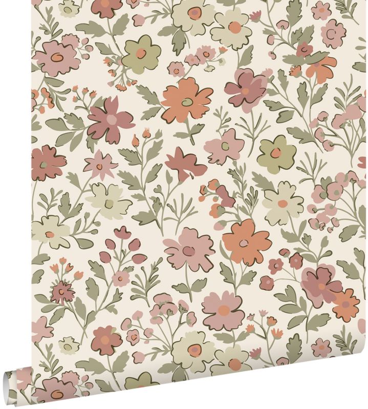 Tapeta ESTAhome kwiaty terakota,zielonymIbiałym 50 x 900 cm - 1 rol.