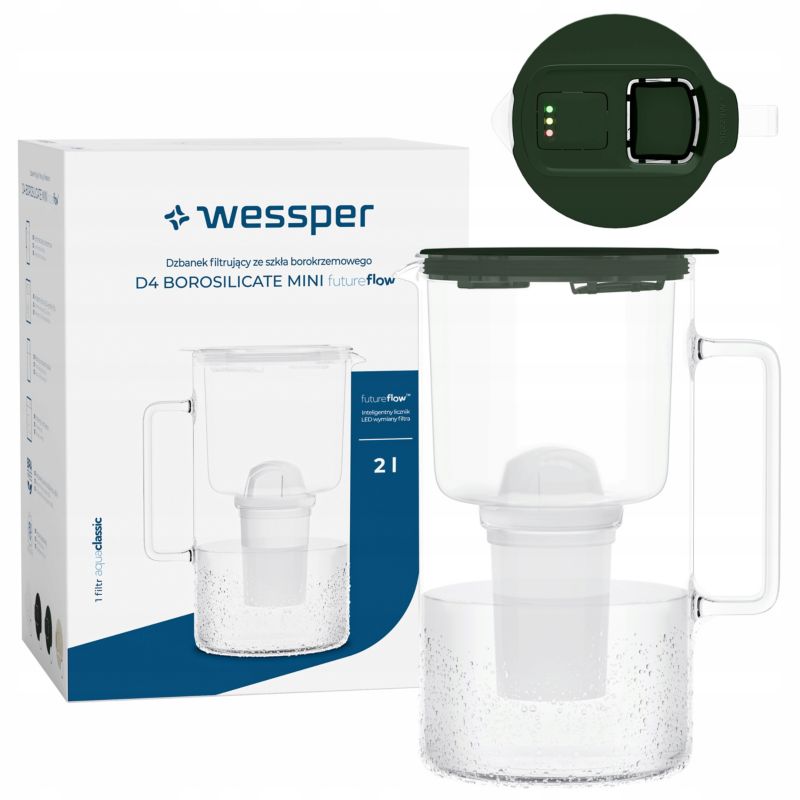 Dzbanek filtrujący wodę, Wessper D4 BOROSILICATE, szklany, z licznikiem LED, 2 l, BPA Free, zestaw z 1 filtrem wody, zielony, 2szt