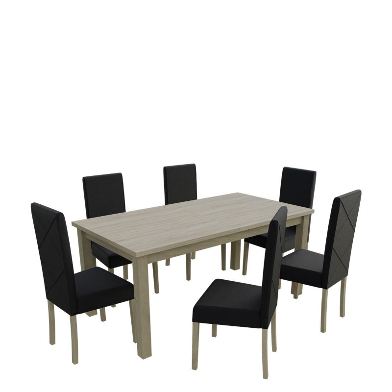 Zestaw RO13 MIRJAN 24 Stół rozkładany S18-L 80x160/200 + 6 krzeseł K02 dąb sonoma + czarna ekoskóra 1 kpl.