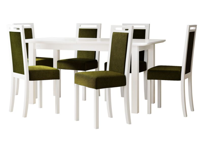 Zestaw DR10 MIRJAN 24 Stół rozkładany Wenus V S 90x160/200 + 6 krzeseł Roma 5 biały + ciemnozielona tapicerka 1 kpl.