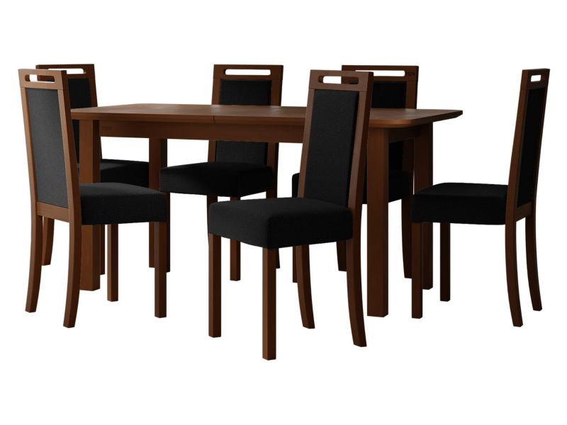 Zestaw DR10 MIRJAN 24 Stół rozkładany Wenus V S 90x160/200 + 6 krzeseł Roma 5 orzech + czarna tapicerka 1 kpl.