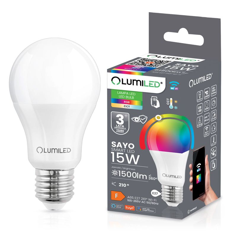 Żarówka LED Lumiled E27 A65 15W 1500m RGB CCT Ściemnialna Inteligentna Tuya WiFi Smart 1 szt.