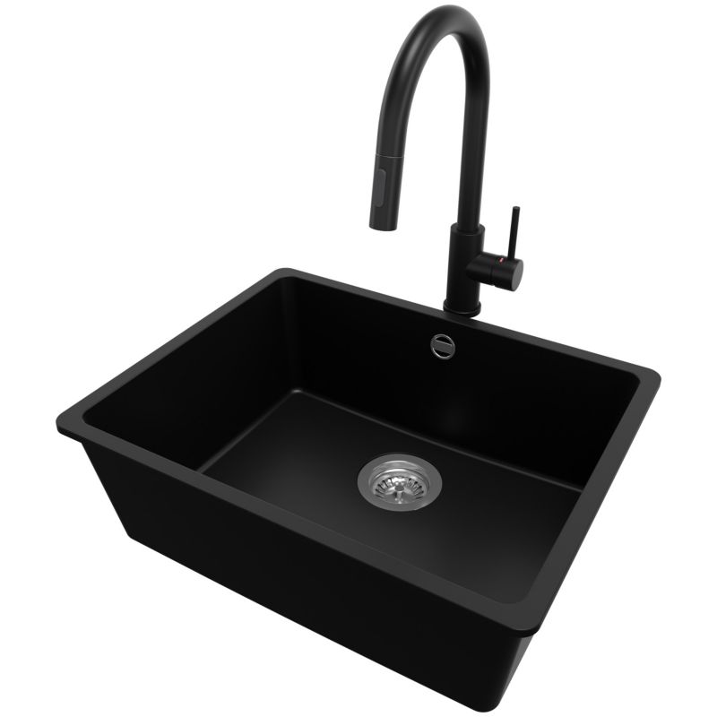 Zlewozmywak Granitowy Wenecja Slim Easy PRIMAGRAN Nablatowy 56x44cm do szafki od 60cm, Czarny + Bateria + Syfon, S079, 1 szt.