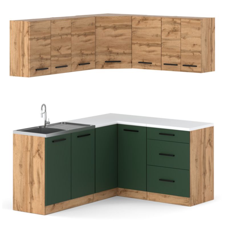 Zestaw Kuchenny Hurtownia-Mebli Z Blatem Kuchnia narożna Diana 320cm Dąb Wotan Dąb Wotan/Butelkowa Zieleń 320x47x145 cm 1szt.