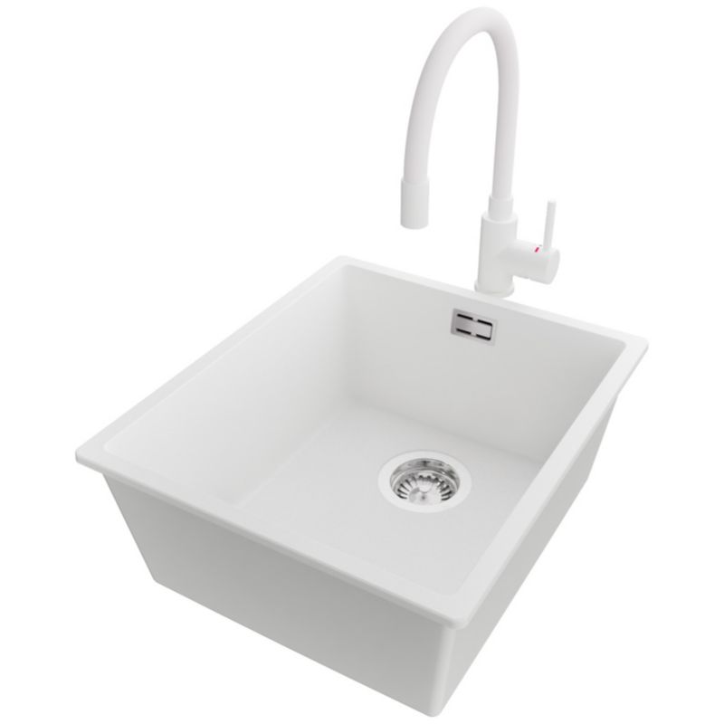 Zlewozmywak podblatowy Londyn PRIMAGRAN 41x47cm do szafki od 45cm, Biały + Bateria 38x14cm + Syfon, S145, 1 szt.