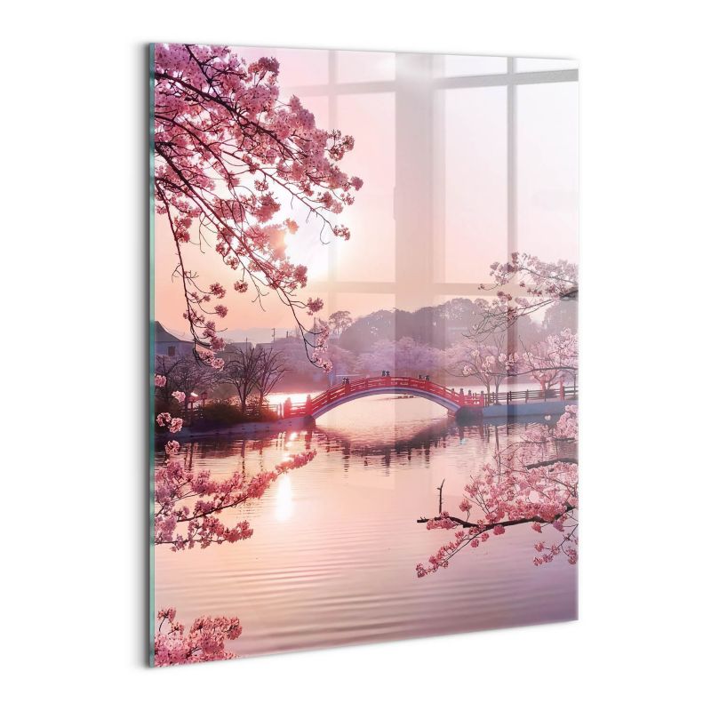 Szklany Obraz Ścienny Wallfluent 60x80 cm Kwiaty wiśni i most - styl japoński 1 szt.