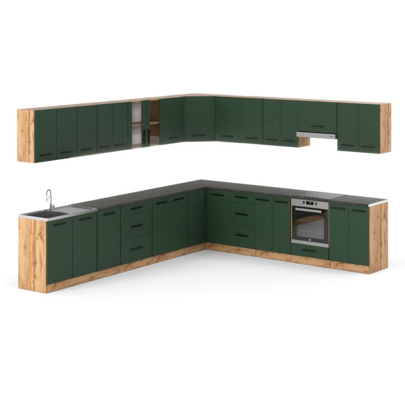 Zestaw Kuchenny Hurtownia-Mebli Z Blatem Kuchnia narożna Rossa 680cm Dąb Wotan Butelkowa Zieleń 680x47x145 cm 1szt.