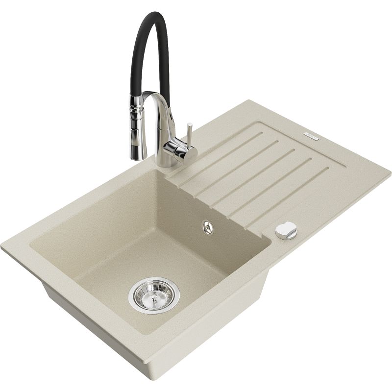Zlewozmywak granitowy 1-komorowy Mexen Pablo z ociekaczem i baterią kuchenną Aster beżowy 6510-69-73450-07