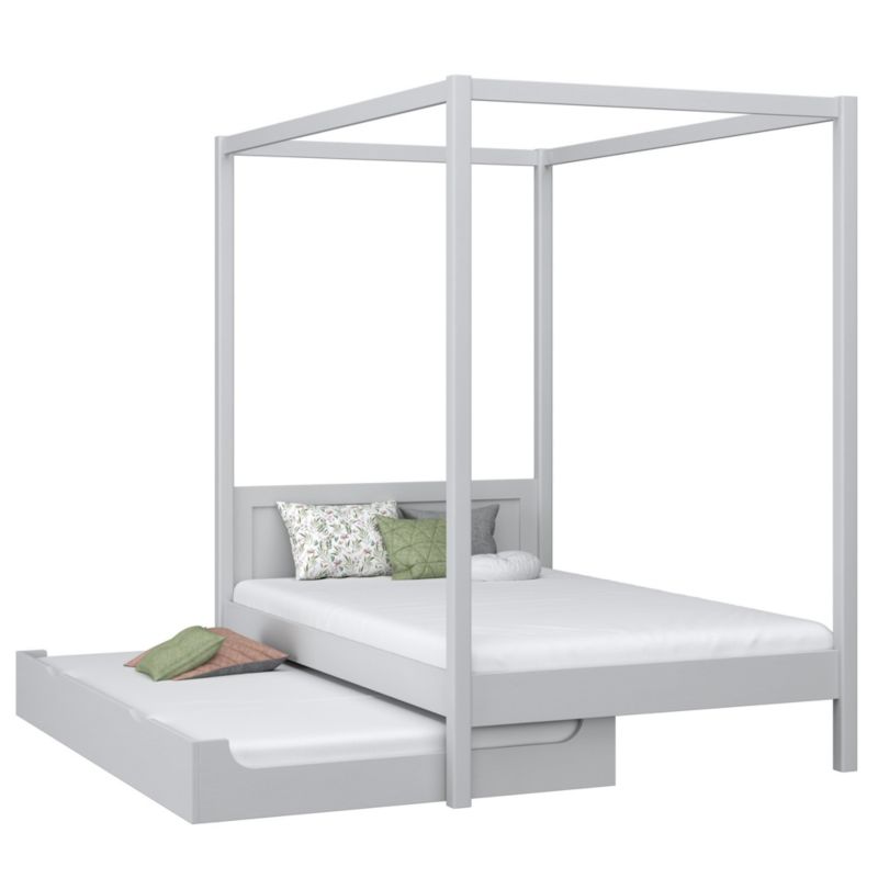 Drewniane łóżko N-WOOD pojedyncze z baldachimem i szufladą na dodatkowy materac N02 popielaty 80x200 1szt.