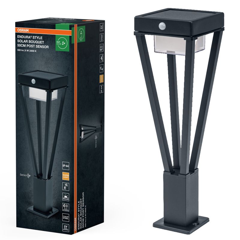 Lampa Solarna Osram Słupek Zewnętrzny Stojący LED z Czujnikiem Ruchu i Zmierzchu 6W 550lm 3000K Czarny IP44 1 szt.