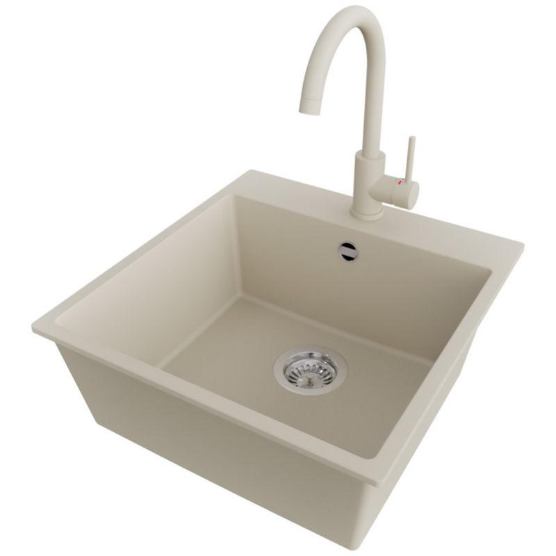 Zlewozmywak Granitowy Ryga PRIMAGRAN Nablatowy 48x50cm do szafki od 50cm, Beżowy + Bateria 32x20cm + Syfon, S231, 1 szt.