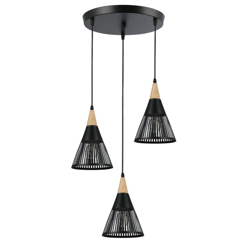 Lampa wisząca sufitowa MasterLED Hira 3-punktowa E27 stożek 105 cm IP20 czarna z drewnem okrągła 1 szt.