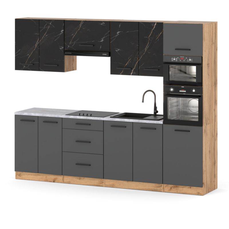 Zestaw Kuchenny Hurtownia-Mebli Z Blatem Kuchnia Marra 260cm Dąb Wotan San Sebastian/Szary Mat 260x47x217 cm 1szt.