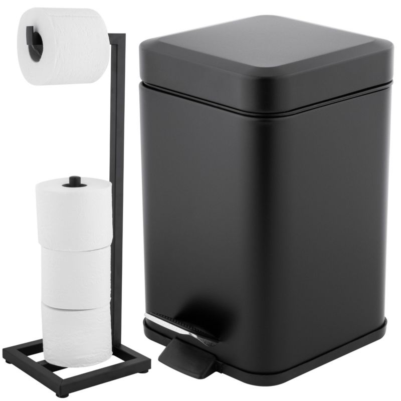 Zestaw łazienkowy Yoka Home stojak z uchwytem na papier kosz na śmieci 3L z klapą cichy domyk czarny mat - 1 szt.