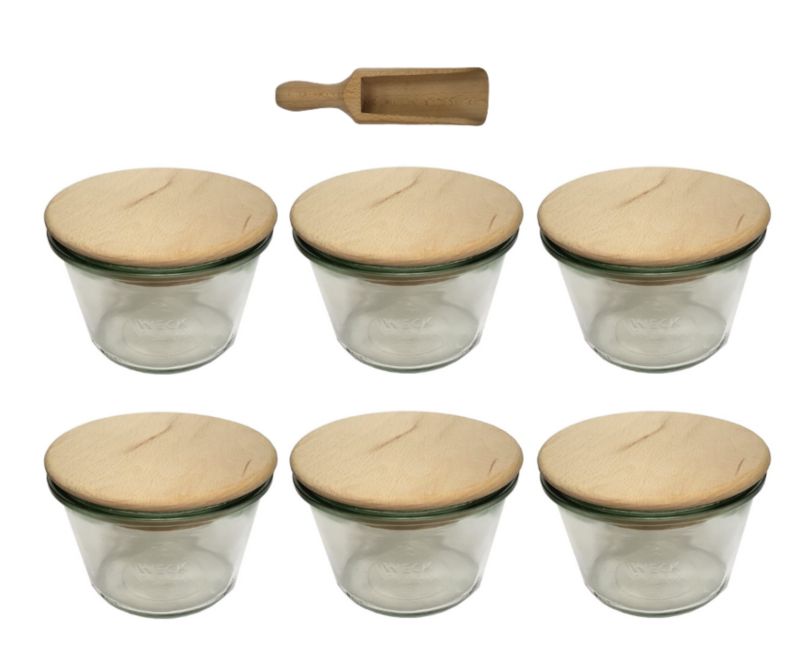 Słoiki MODO24 Weck 370 ml fi 100 mold drewniane wieka miarka 6 kpl.