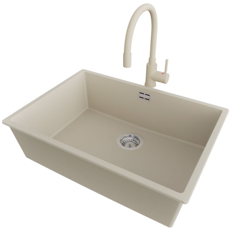 Zlewozmywak Granitowy Londyn Slim PRIMAGRAN Nablatowy 66x47cm do szafki od 70cm, Beżowy + Bateria 38x14cm + Syfon, S419, 1 szt.