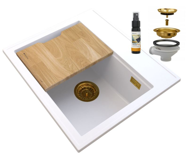 Zlewozmywak Granitowy Granitan Foxal Jednokomorowy z Deską i Złotym Syfonem 1kpl.