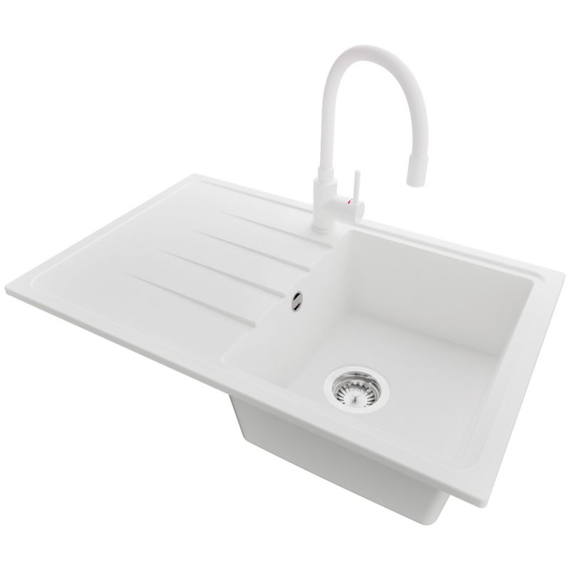 Zlewozmywak Granitowy Mediolan PRIMAGRAN Nablatowy 78x50cm do szafki od 45cm, Biały + Bateria 38x14cm + Syfon, S085, 1 szt.