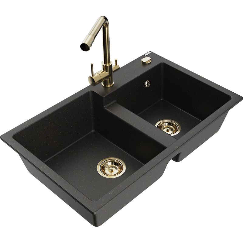 Zlewozmywak granitowy 2-komorowy Mexen Tomas z baterią kuchenną Duero czarny/złoty metalik 6516-75-671600-50