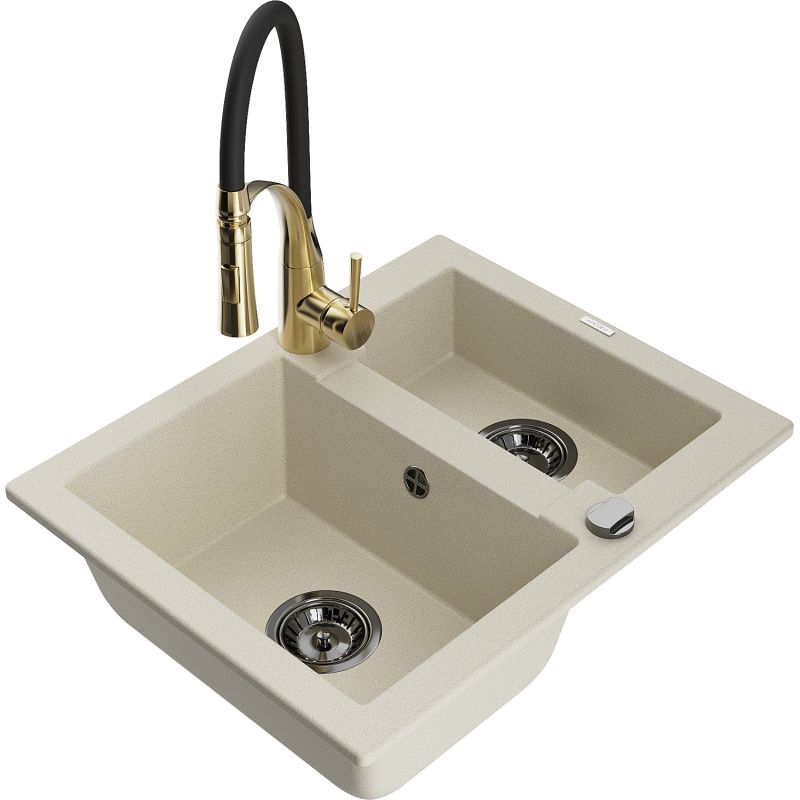 Zlewozmywak granitowy 1.5-komorowy Mexen Carlos z baterią kuchenną Aster beżowy 6518-69-73450-57-B