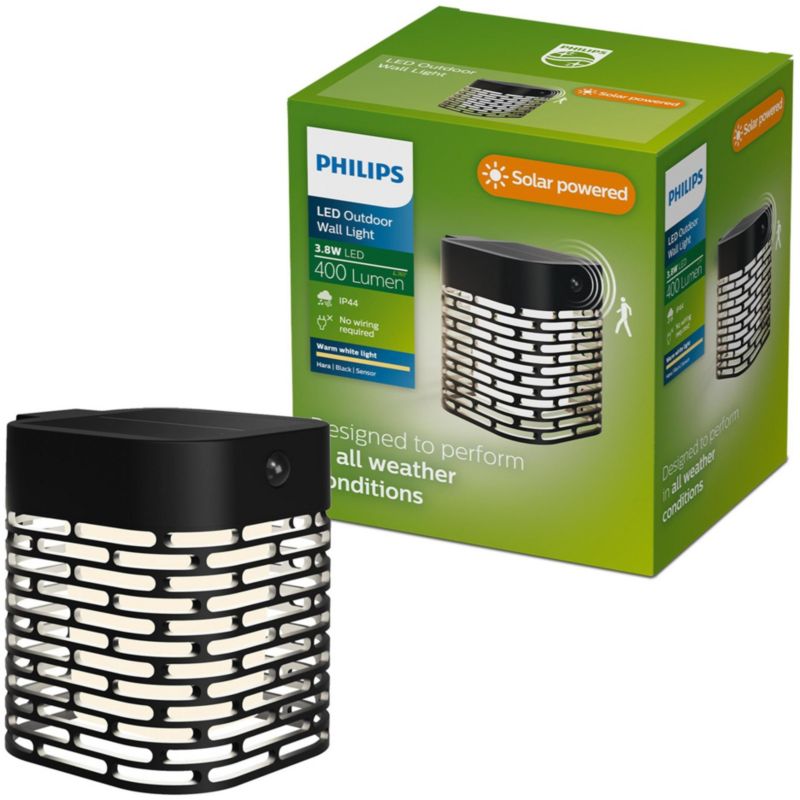 Kinkiet Ogrodowy Philips Lampa Zewnętrzna Elewacyjna Solarny 3.8W 400lm 2700K IP44 Czarna z Czujnikiem Ruchu 1 szt.