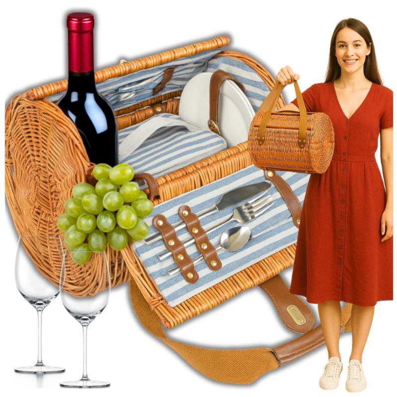 Pleciony Kosz Piknikowy Wiklinowy Dla 2 Osób Ogród Termotorba Talerze