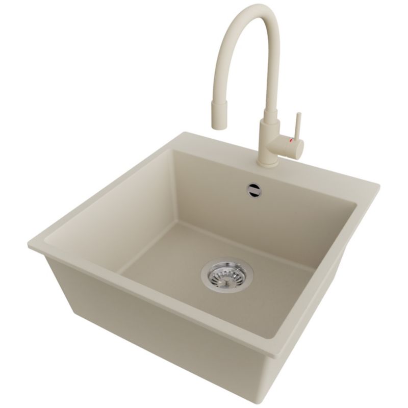 Zlewozmywak Granitowy Ryga PRIMAGRAN Nablatowy 48x50cm do szafki od 50cm, Beżowy + Bateria 38x14cm + Syfon, S247, 1 szt.