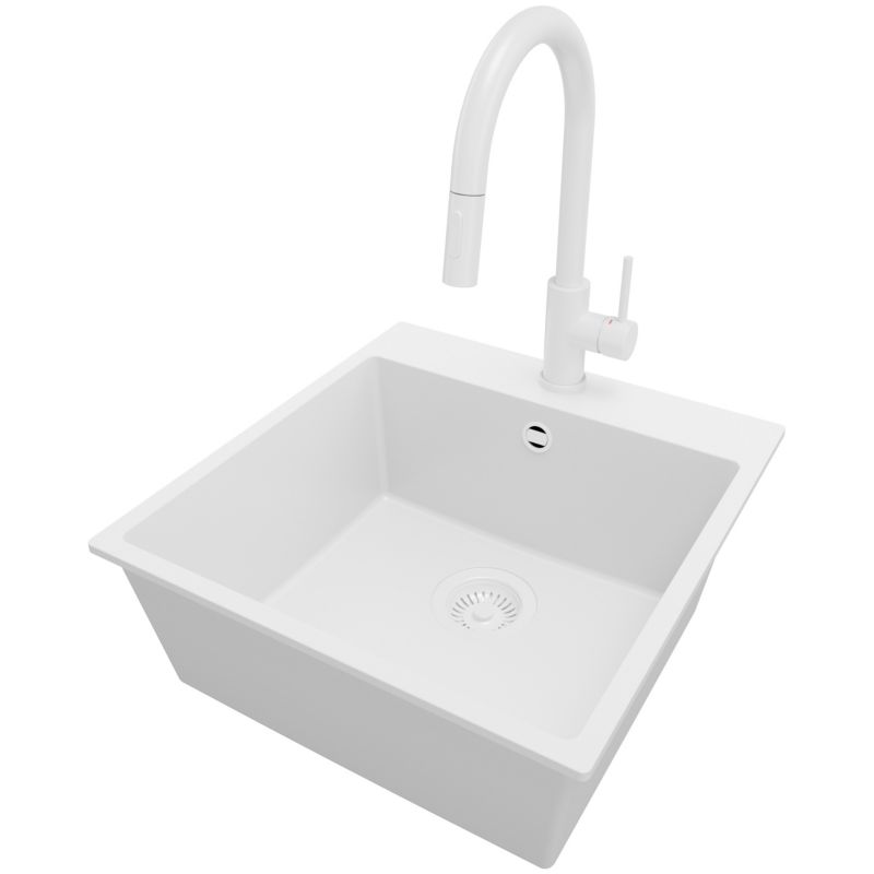 Zlewozmywak Granitowy Ryga PRIMAGRAN Nablatowy 48x50cm do szafki od 50cm, Cały Biały + Bateria 40x20cm + Syfon, S236, 1 szt.