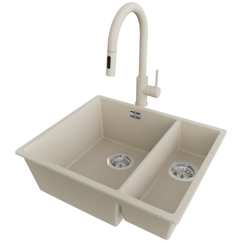 Zlewozmywak Granitowy Londyn Slim Duo PRIMAGRAN Nablatowy 56x47cm do szafki od 60cm, Beżowy + Bateria + Syfon, S025, 1 szt.