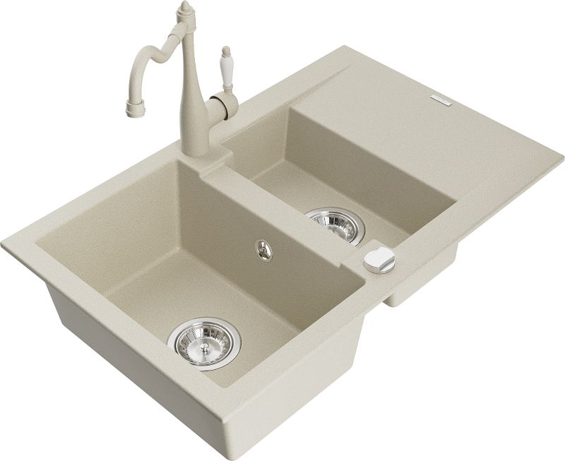 Zlewozmywak granitowy Mexen Gaspar 1,5-komorowy z ociekaczem i baterią kuchenną Carla beżowy 6507-69-670700-69
