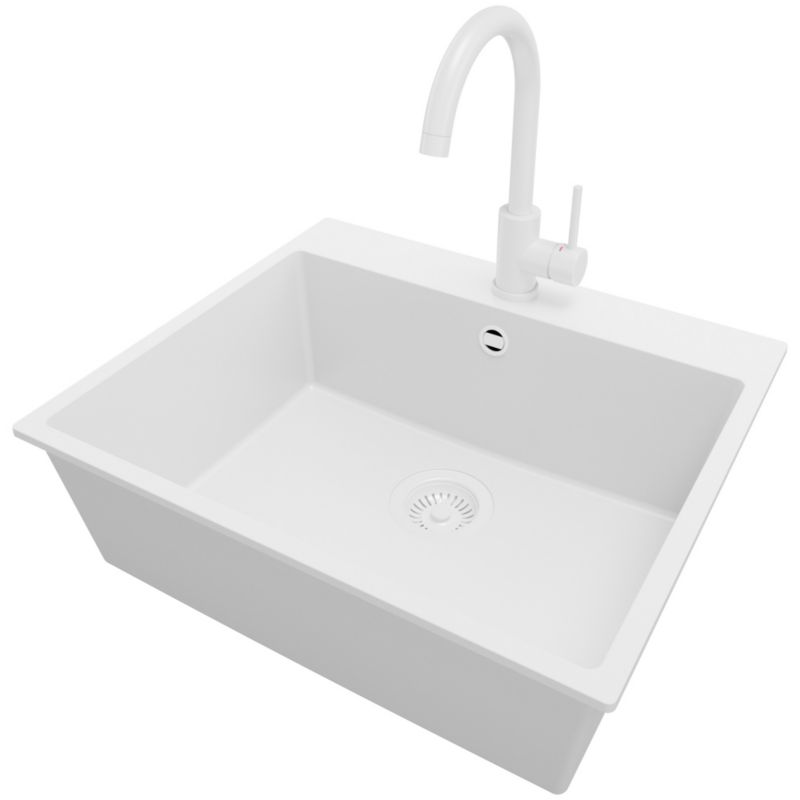 Zlewozmywak Granitowy Ryga PRIMAGRAN Nablatowy 58x50cm do szafki od 60cm, Cały Biały + Bateria 32x20cm + Syfon, S318, 1 szt.