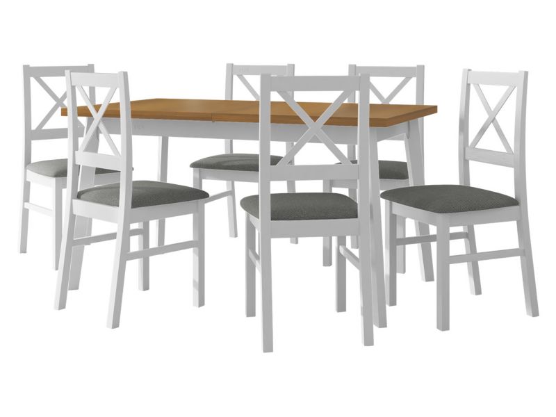 Zestaw DR11 MIRJAN 24 Stół rozkładany Oslo V 80x140/180 + 6 krzeseł Nilo 10 dąb grandson + biały + szara tapicerka 1 kpl.