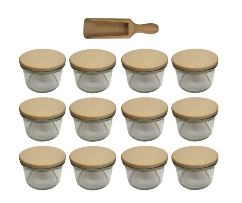 Słoiki MODO24 Weck 200 ml fi 80 mold drewniane wieka miarka 12 kpl.