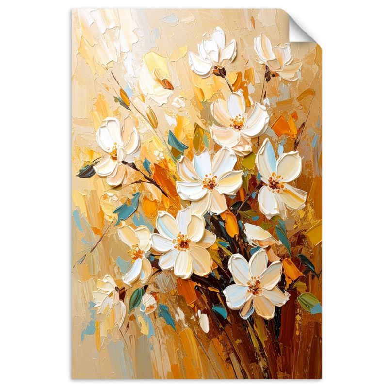 Naklejka na ścianę do salonu sypialni Feeby Białe Kwiaty efekt farby olejnej 90x130cm 1szt